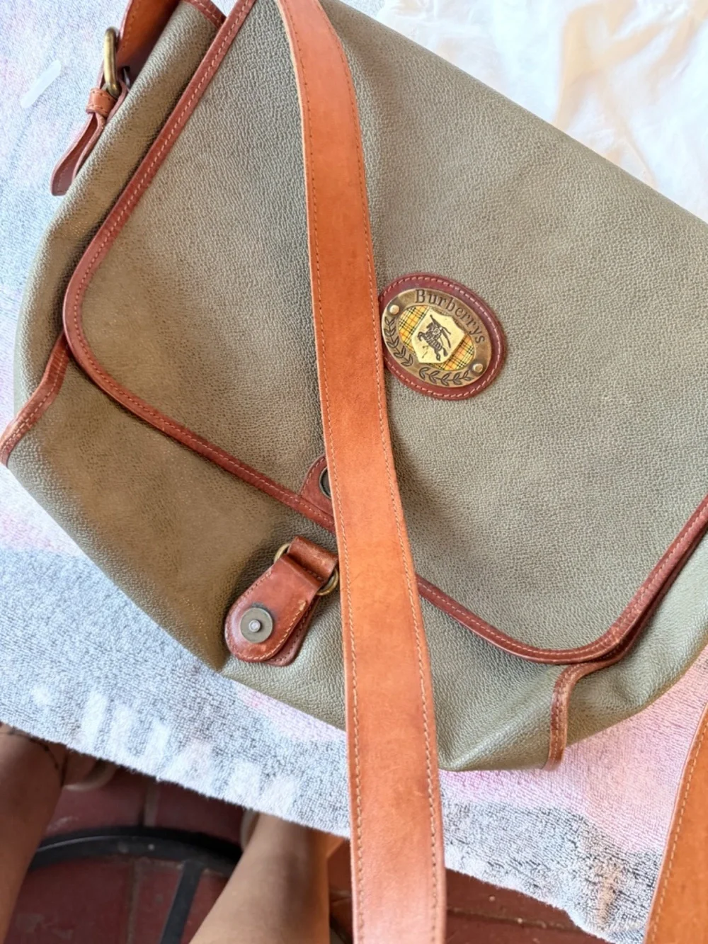 Vintage Burberrys Coated Canvas Messenger Crossbody Bag- OliveGrey